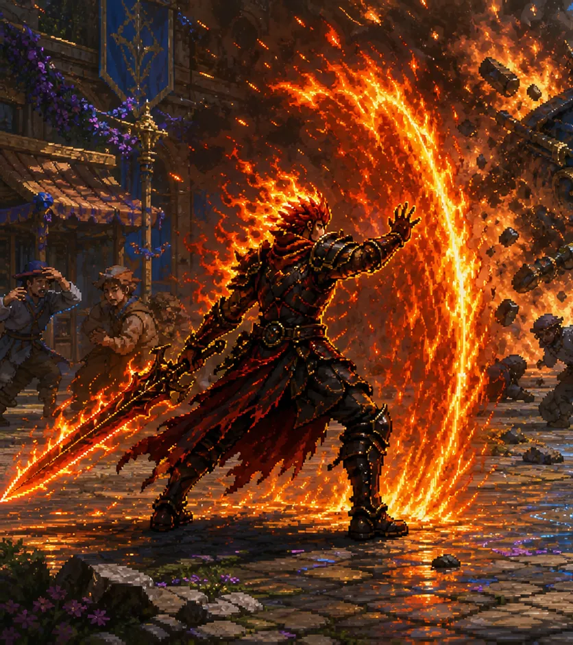Karnos shields civilians from an Aethercraft explosion