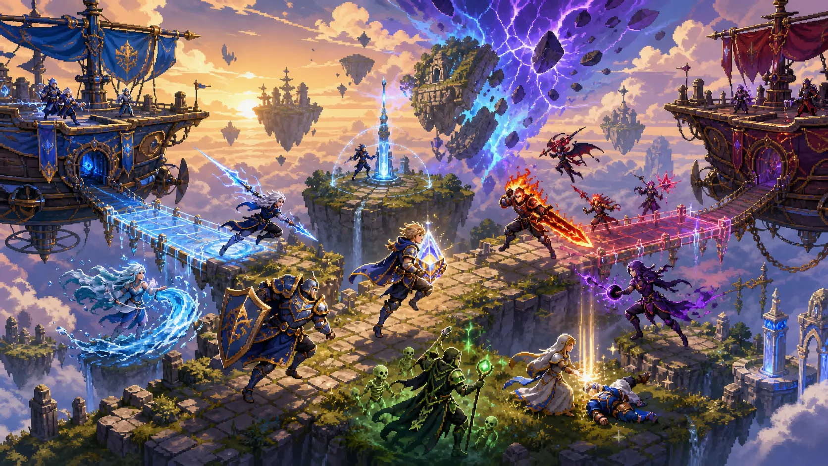 Blue-gold and crimson-violet teams battle for Celestial Shards across a breaking floating arena